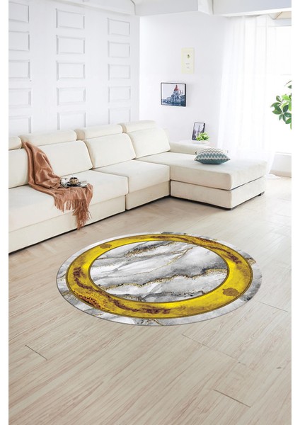 Dijital Baskılı Kaymaz Yıkanabilir Mermer Yuvarlak Mutfak Salon Halısı, N-Y-Mermer-03-Gold,