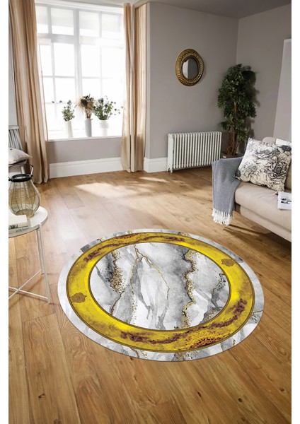 Dijital Baskılı Kaymaz Yıkanabilir Mermer Yuvarlak Mutfak Salon Halısı, N-Y-Mermer-03-Gold,