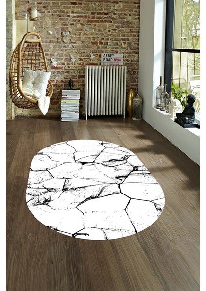 Dijital Baskılı Kaymaz Taban Yıkanabilir Mermer Oval Yolluk Salon Halısı, N-O-Mermer-01-Beyaz,