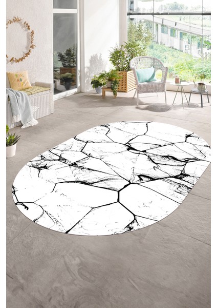 Dijital Baskılı Kaymaz Taban Yıkanabilir Mermer Oval Yolluk Salon Halısı, N-O-Mermer-01-Beyaz, modelleri