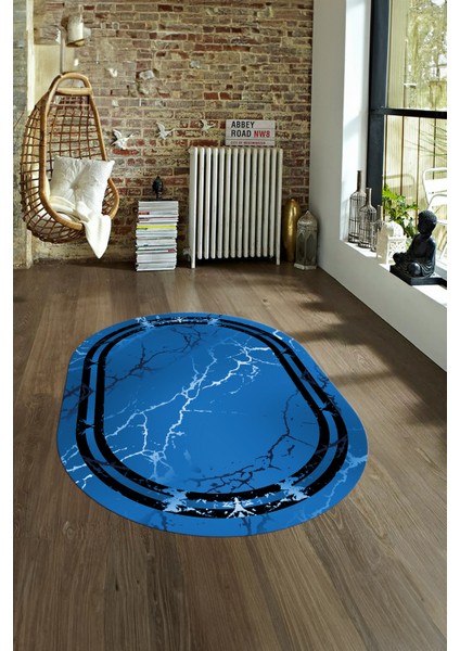 Dijital Baskılı Kaymaz Taban Yıkanabilir Mermer Oval Yolluk Salon Halısı, N-O-Mermer-08-Mavi,