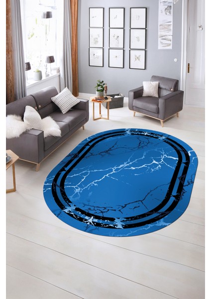 Dijital Baskılı Kaymaz Taban Yıkanabilir Mermer Oval Yolluk Salon Halısı, N-O-Mermer-08-Mavi, fiyatları