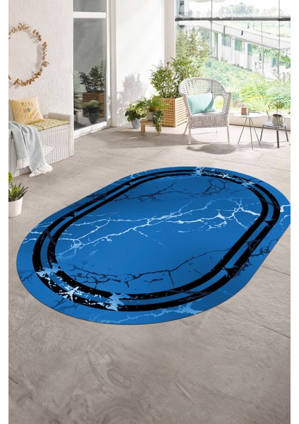 Dijital Baskılı Kaymaz Taban Yıkanabilir Mermer Oval Yolluk Salon Halısı, N-O-Mermer-08-Mavi, modelleri