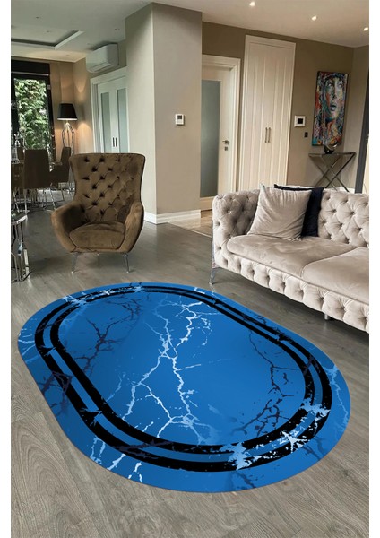 Dijital Baskılı Kaymaz Taban Yıkanabilir Mermer Oval Yolluk Salon Halısı, N-O-Mermer-08-Mavi, fırsatları