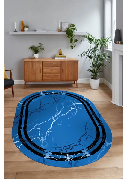Dijital Baskılı Kaymaz Taban Yıkanabilir Mermer Oval Yolluk Salon Halısı, N-O-Mermer-08-Mavi, indirimleri