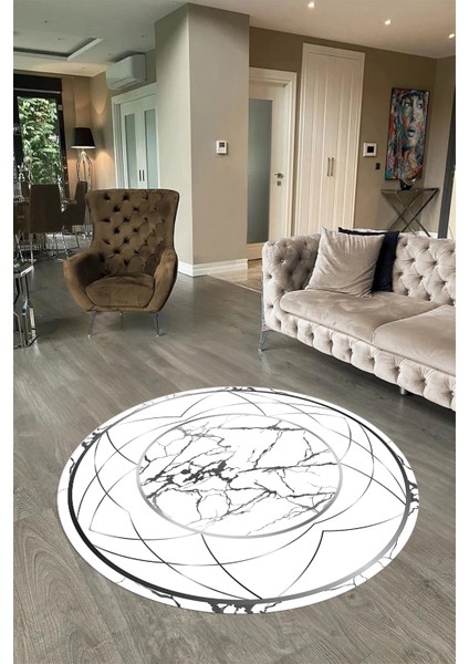 Dijital Baskılı Kaymaz Yıkanabilir Mermer Yuvarlak Mutfak Salon Halısı, N-Y-Mermer-17-Gümüş,
