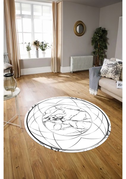 Dijital Baskılı Kaymaz Yıkanabilir Mermer Yuvarlak Mutfak Salon Halısı, N-Y-Mermer-17-Gümüş, indirimleri