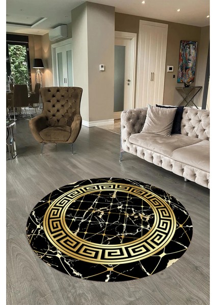 Dijital Baskılı Kaymaz Yıkanabilir Mermer Yuvarlak Mutfak Salon Halısı, N-Y-Mermer-18-Siyah,