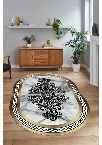 Dijital Baskılı Kaymaz Taban Yıkanabilir Mermer Oval Yolluk Salon Halısı, N-O-Mermer-09-Gold, indirimleri