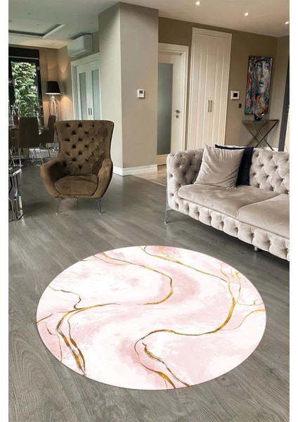 Dijital Baskılı Kaymaz Yıkanabilir Mermer Yuvarlak Mutfak Salon Halısı, N-Y-Mermer-29-Pembe,