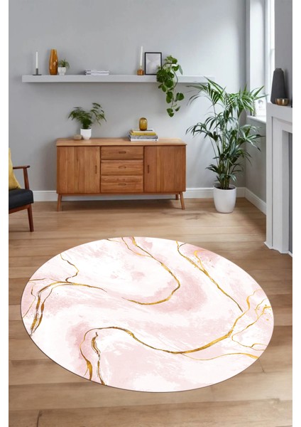 Dijital Baskılı Kaymaz Yıkanabilir Mermer Yuvarlak Mutfak Salon Halısı, N-Y-Mermer-29-Pembe,