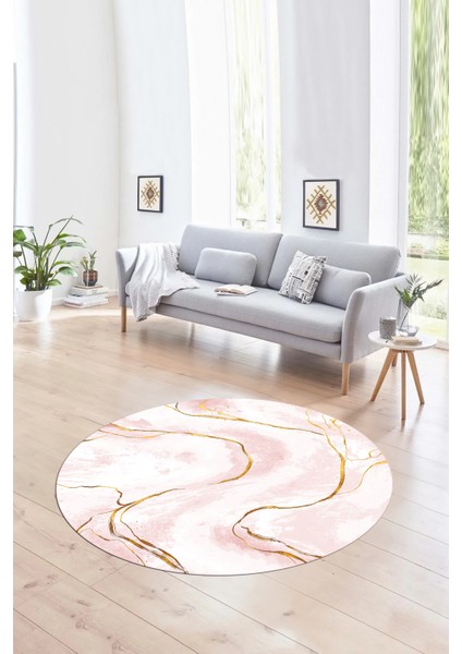 Dijital Baskılı Kaymaz Yıkanabilir Mermer Yuvarlak Mutfak Salon Halısı, N-Y-Mermer-29-Pembe,