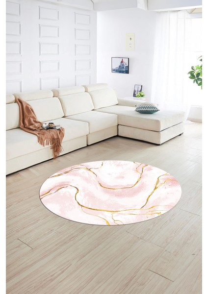 Dijital Baskılı Kaymaz Yıkanabilir Mermer Yuvarlak Mutfak Salon Halısı, N-Y-Mermer-29-Pembe,