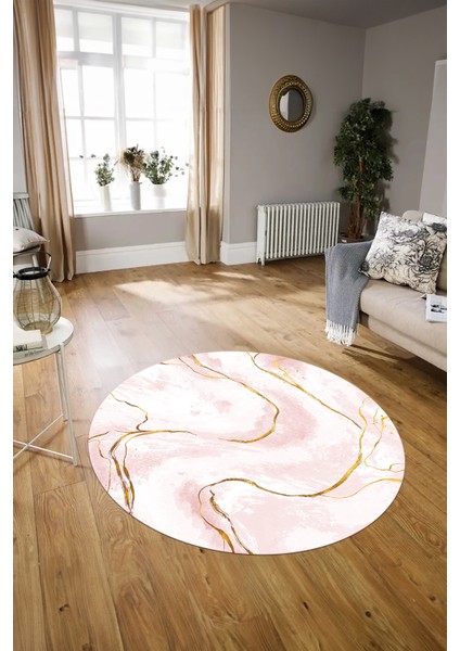 Dijital Baskılı Kaymaz Yıkanabilir Mermer Yuvarlak Mutfak Salon Halısı, N-Y-Mermer-29-Pembe,