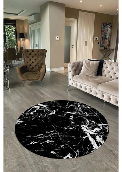 Dijital Baskılı Kaymaz Yıkanabilir Mermer Yuvarlak Mutfak Salon Halısı, N-Y-Mermer-27-Siyah,