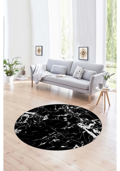 Dijital Baskılı Kaymaz Yıkanabilir Mermer Yuvarlak Mutfak Salon Halısı, N-Y-Mermer-27-Siyah, modelleri
