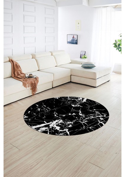 Dijital Baskılı Kaymaz Yıkanabilir Mermer Yuvarlak Mutfak Salon Halısı, N-Y-Mermer-27-Siyah, fırsatları