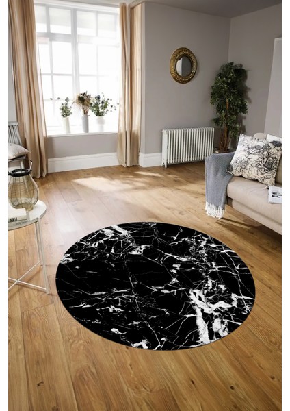 Dijital Baskılı Kaymaz Yıkanabilir Mermer Yuvarlak Mutfak Salon Halısı, N-Y-Mermer-27-Siyah, indirimleri