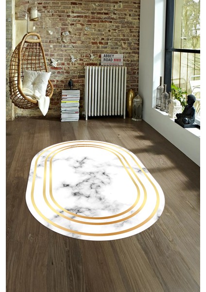 Dijital Baskılı Kaymaz Taban Yıkanabilir Mermer Oval Yolluk Salon Halısı, N-O-Mermer-05-Gold,