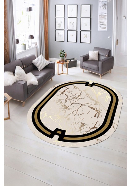 Dijital Baskılı Kaymaz Taban Yıkanabilir Mermer Oval Yolluk Salon Halısı, N-O-Mermer-07-Krem, fiyatları