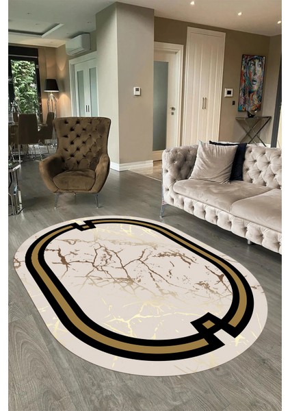 Dijital Baskılı Kaymaz Taban Yıkanabilir Mermer Oval Yolluk Salon Halısı, N-O-Mermer-07-Krem, fırsatları