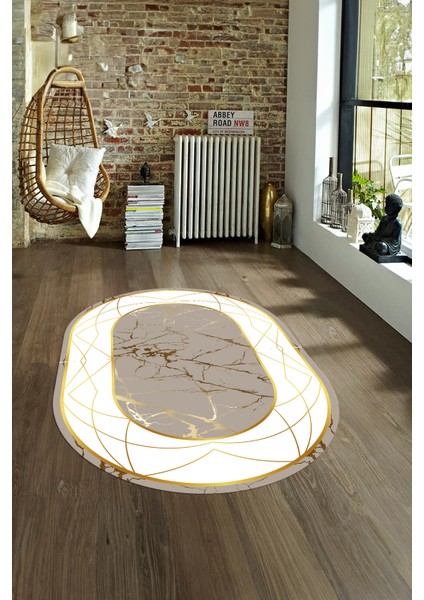 Dijital Baskılı Kaymaz Taban Yıkanabilir Mermer Oval Yolluk Salon Halısı, N-O-Mermer-17-Gold,