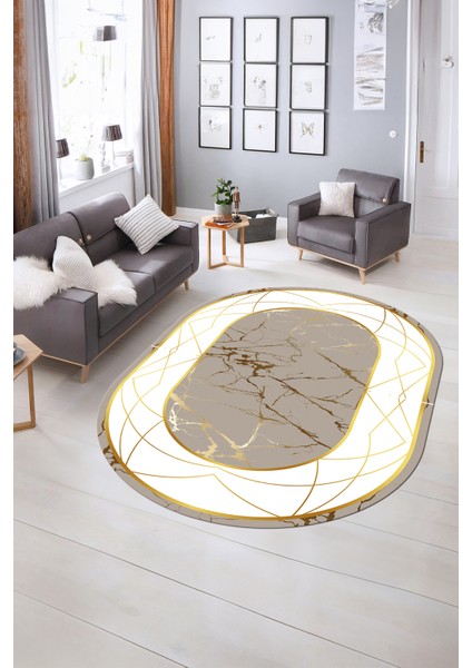 Dijital Baskılı Kaymaz Taban Yıkanabilir Mermer Oval Yolluk Salon Halısı, N-O-Mermer-17-Gold, fiyatları