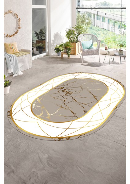 Dijital Baskılı Kaymaz Taban Yıkanabilir Mermer Oval Yolluk Salon Halısı, N-O-Mermer-17-Gold, modelleri