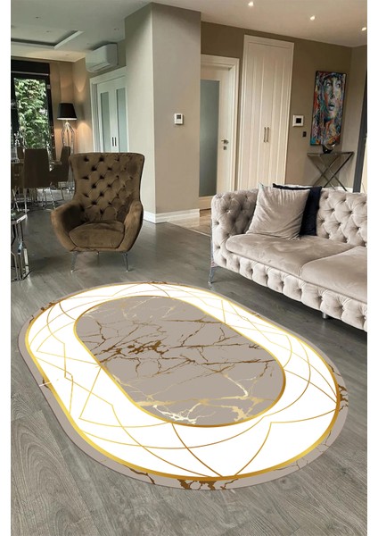Dijital Baskılı Kaymaz Taban Yıkanabilir Mermer Oval Yolluk Salon Halısı, N-O-Mermer-17-Gold, fırsatları