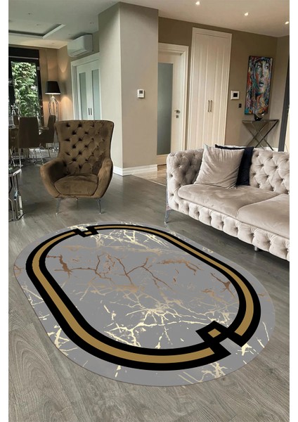 Dijital Baskılı Kaymaz Taban Yıkanabilir Mermer Oval Yolluk Salon Halısı, N-O-Mermer-07-Gri, fırsatları