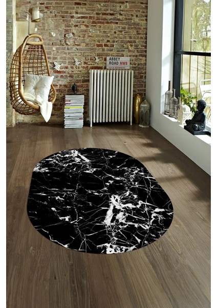 Dijital Baskılı Kaymaz Taban Yıkanabilir Mermer Oval Yolluk Salon Halısı, N-O-Mermer-27-Siyah,