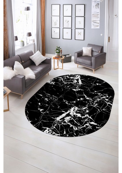Dijital Baskılı Kaymaz Taban Yıkanabilir Mermer Oval Yolluk Salon Halısı, N-O-Mermer-27-Siyah, fiyatları