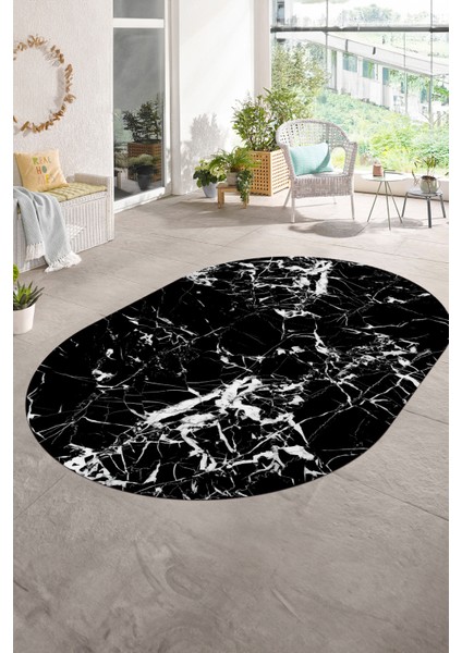 Dijital Baskılı Kaymaz Taban Yıkanabilir Mermer Oval Yolluk Salon Halısı, N-O-Mermer-27-Siyah, modelleri