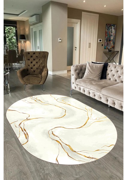Dijital Baskılı Kaymaz Taban Yıkanabilir Mermer Oval Yolluk Salon Halısı, N-O-Mermer-29-Krem, fırsatları