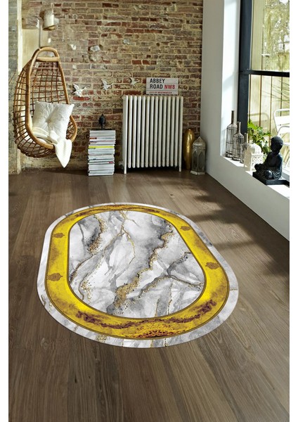 Dijital Baskılı Kaymaz Taban Yıkanabilir Mermer Oval Yolluk Salon Halısı, N-O-Mermer-03-Gold,