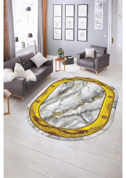 Dijital Baskılı Kaymaz Taban Yıkanabilir Mermer Oval Yolluk Salon Halısı, N-O-Mermer-03-Gold, fiyatları