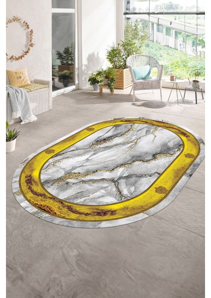 Dijital Baskılı Kaymaz Taban Yıkanabilir Mermer Oval Yolluk Salon Halısı, N-O-Mermer-03-Gold, modelleri
