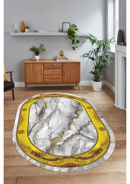 Dijital Baskılı Kaymaz Taban Yıkanabilir Mermer Oval Yolluk Salon Halısı, N-O-Mermer-03-Gold, indirimleri