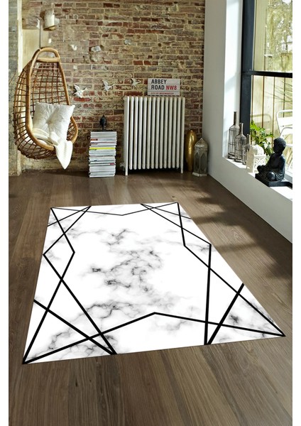 Dijital Baskılı Kaymaz Taban Yıkanabilir Mermer Yolluk Mutfak Salon Halısı, N-Mermer-15-Siyah,