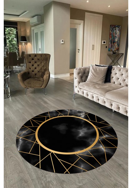 Dijital Baskılı Kaymaz Yıkanabilir Mermer Yuvarlak Mutfak Salon Halısı, N-Y-Mermer-24-Siyah,