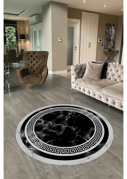 Dijital Baskılı Kaymaz Yıkanabilir Mermer Yuvarlak Mutfak Salon Halısı, N-Y-Mermer-21-Siyah,
