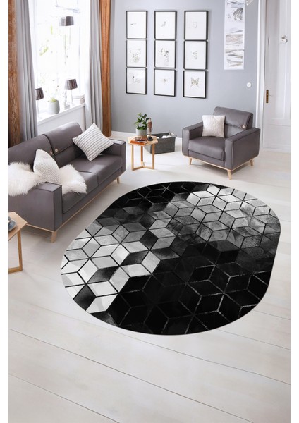 Dijital Baskılı Kaymaz Taban Yıkanabilir Mermer Oval Yolluk Salon Halısı, N-O-Mermer-19-Antrasit,