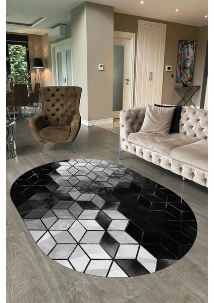 Dijital Baskılı Kaymaz Taban Yıkanabilir Mermer Oval Yolluk Salon Halısı, N-O-Mermer-19-Antrasit,