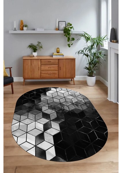 Dijital Baskılı Kaymaz Taban Yıkanabilir Mermer Oval Yolluk Salon Halısı, N-O-Mermer-19-Antrasit,