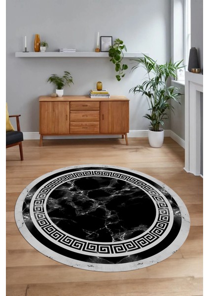 Dijital Baskılı Kaymaz Yıkanabilir Mermer Yuvarlak Mutfak Salon Halısı, N-Y-Mermer-21-Siyah,