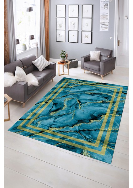 Dijital Baskılı Kaymaz Taban Yıkanabilir Mermer Yolluk Mutfak Salon Halısı, N-Mermer-04-Mavi,