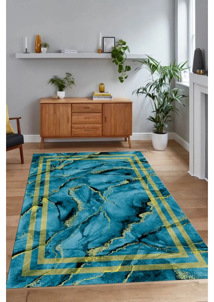 Dijital Baskılı Kaymaz Taban Yıkanabilir Mermer Yolluk Mutfak Salon Halısı, N-Mermer-04-Mavi,