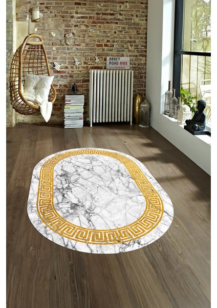 Dijital Baskılı Kaymaz Taban Yıkanabilir Mermer Oval Yolluk Salon Halısı, N-O-Mermer-12-Beyaz,