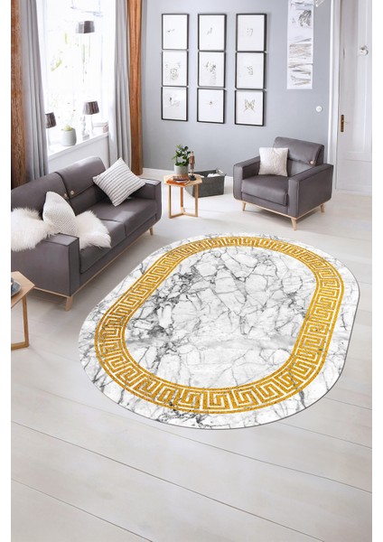 Dijital Baskılı Kaymaz Taban Yıkanabilir Mermer Oval Yolluk Salon Halısı, N-O-Mermer-12-Beyaz, fiyatları