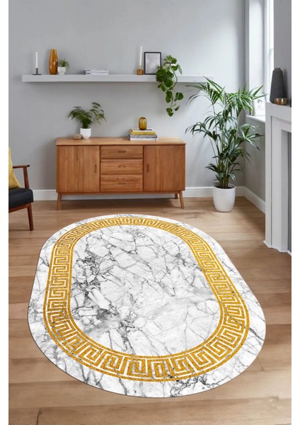 Dijital Baskılı Kaymaz Taban Yıkanabilir Mermer Oval Yolluk Salon Halısı, N-O-Mermer-12-Beyaz, indirimleri